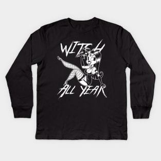 Witchcraft Sexy Witch Pin Up 30s Old Timey Cartoon style Kids Long Sleeve T-Shirt